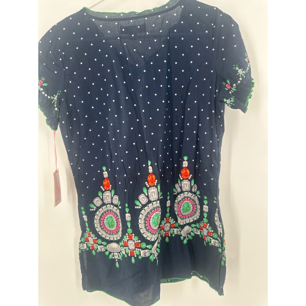 NWT Koi Kathy Peterson Gwen Scrub Top | Navy Blue Polka Dot Jewel Print Size S - Picture 2 of 8